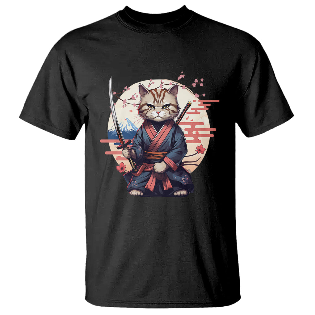 Samurai Cat T Shirt Japanese Aesthetic Vintage Cherry Bloosoms TS09 Black Printyourwear