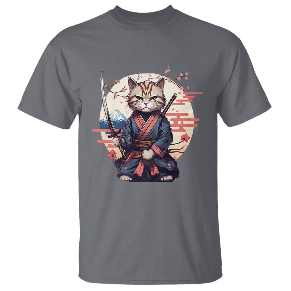 Samurai Cat T Shirt Japanese Aesthetic Vintage Cherry Bloosoms TS09 Charcoal Printyourwear