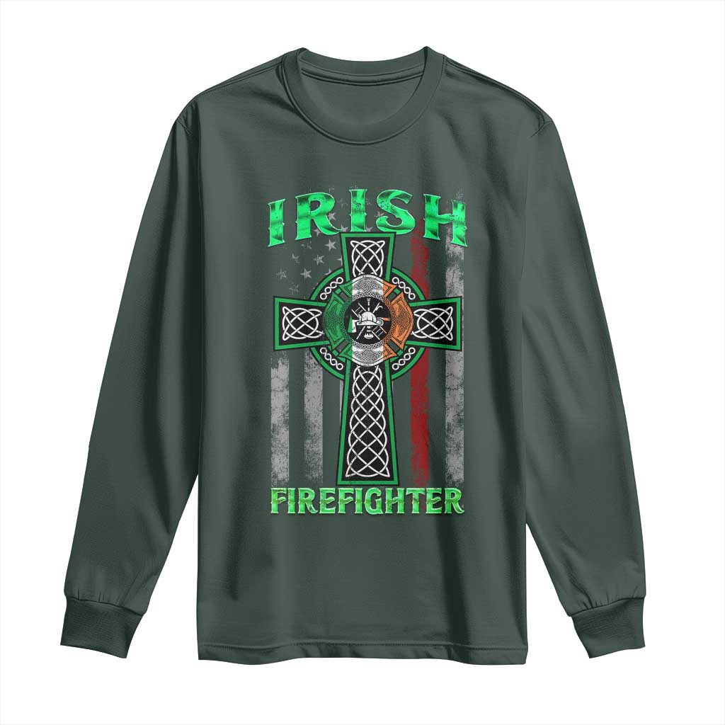 Irish Firefighter Long Sleeve Shirt Celtic Cross American Flag TS09 Dark Forest Green Print Your Wear