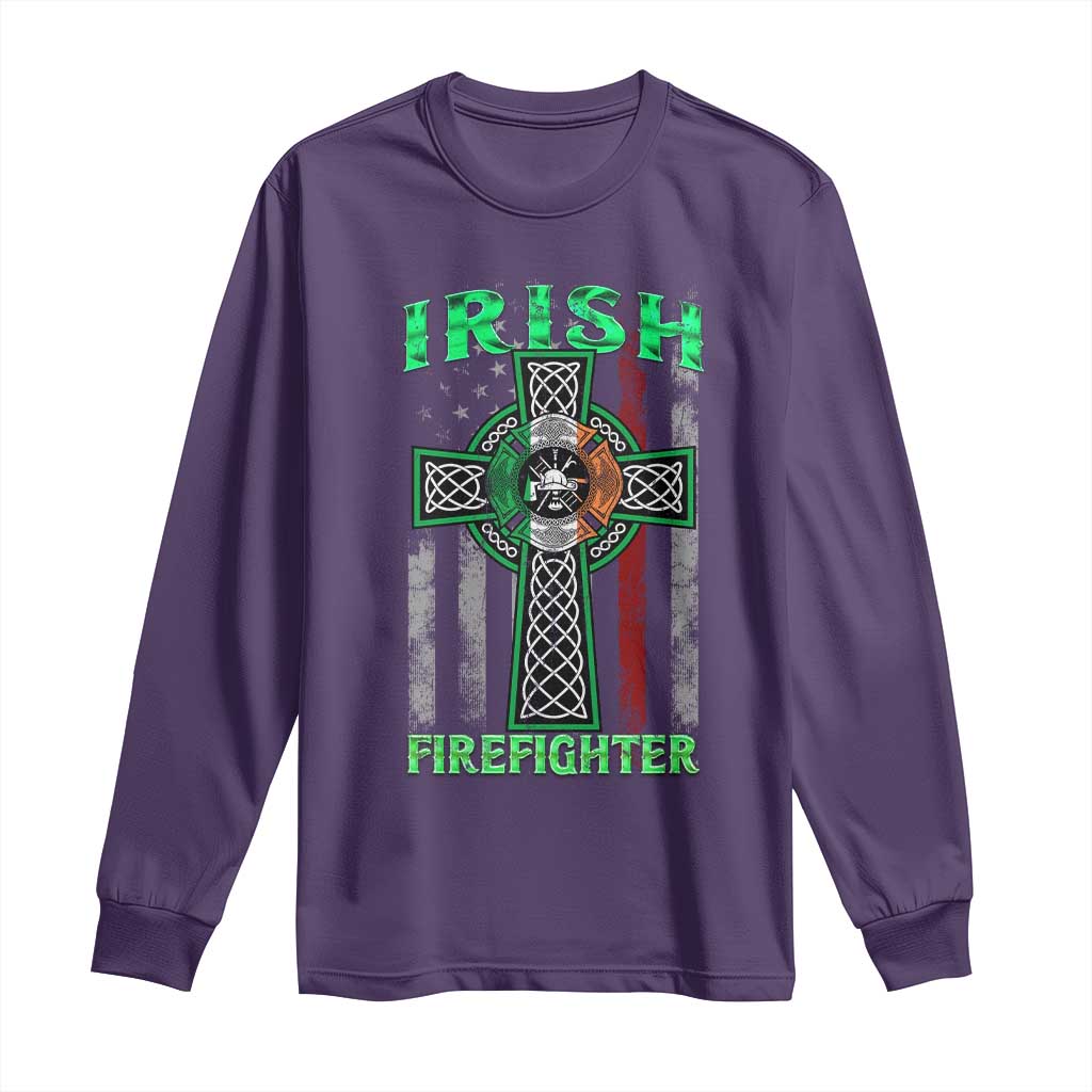 Irish Firefighter Long Sleeve Shirt Celtic Cross American Flag TS09 Purple Print Your Wear