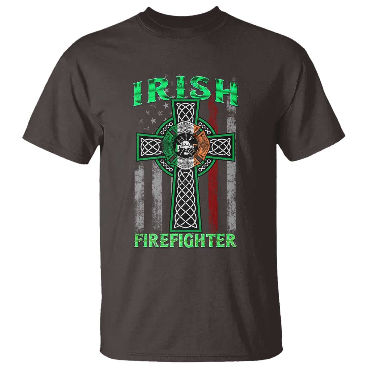 Irish Firefighter T Shirt Celtic Cross American Flag TS09 Dark Chocolate Print Your Wear
