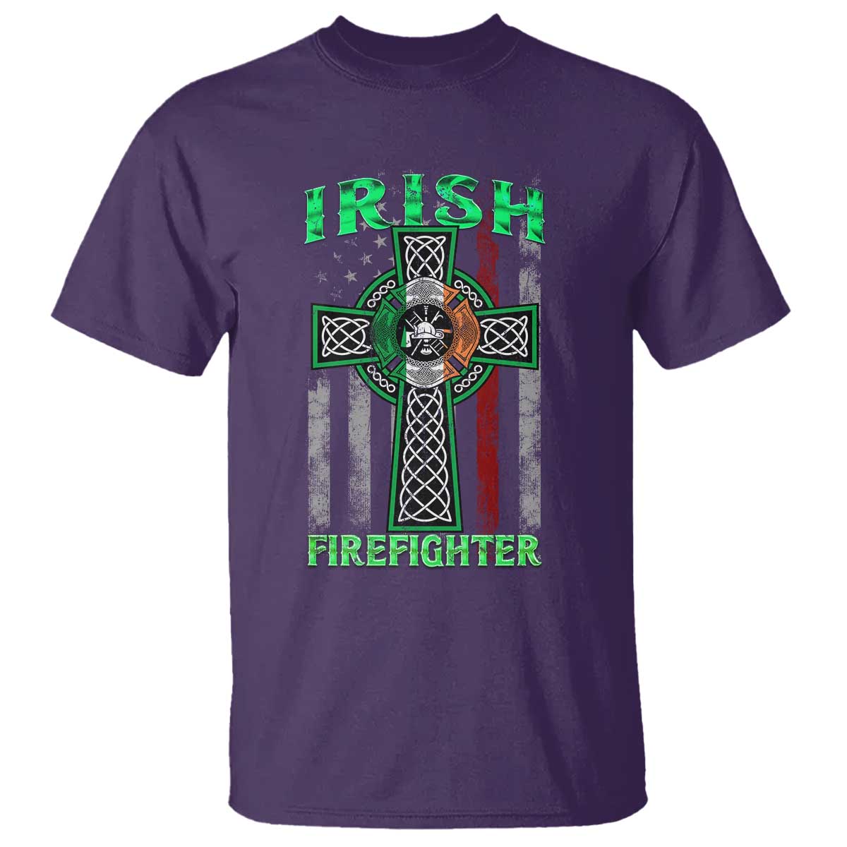 Irish Firefighter T Shirt Celtic Cross American Flag TS09 Purple Print Your Wear