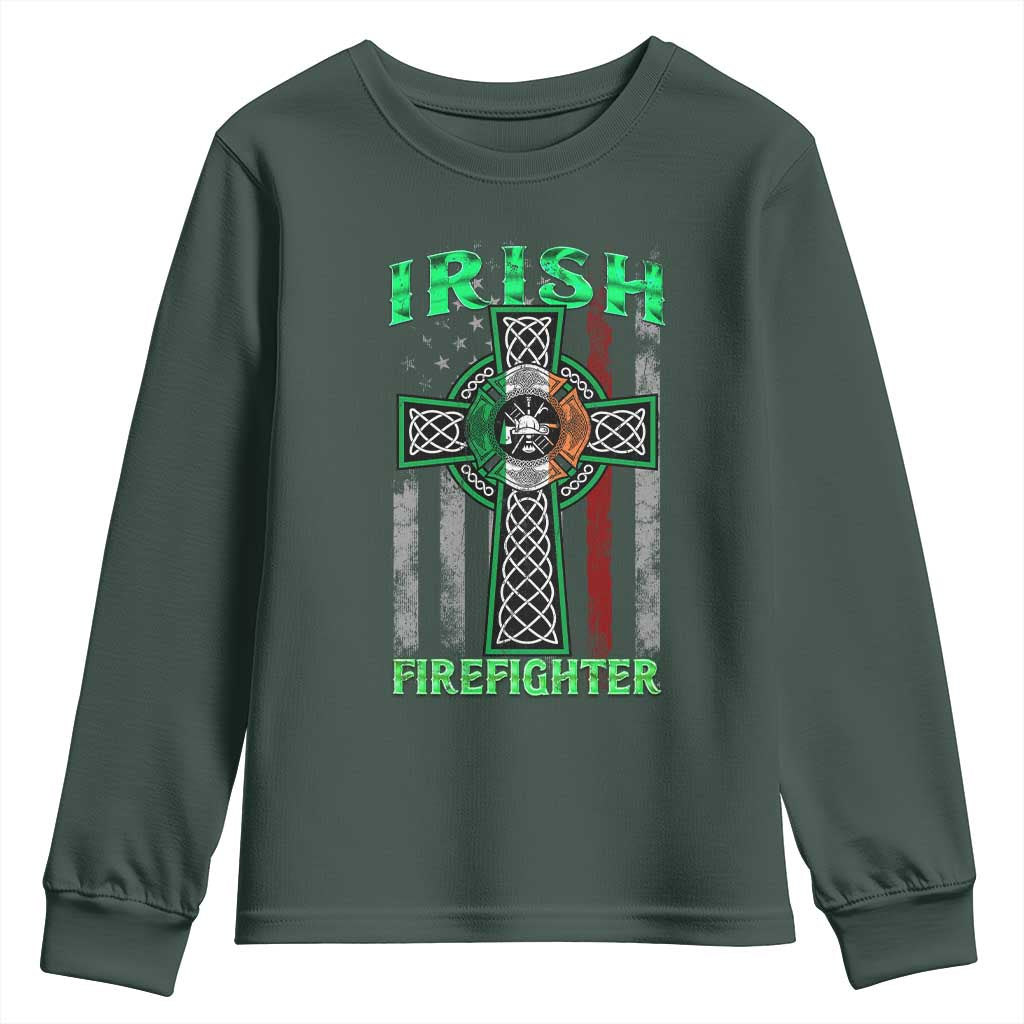 Irish Firefighter Youth Sweatshirt Celtic Cross American Flag TS09 Dark Forest Green Print Your Wear