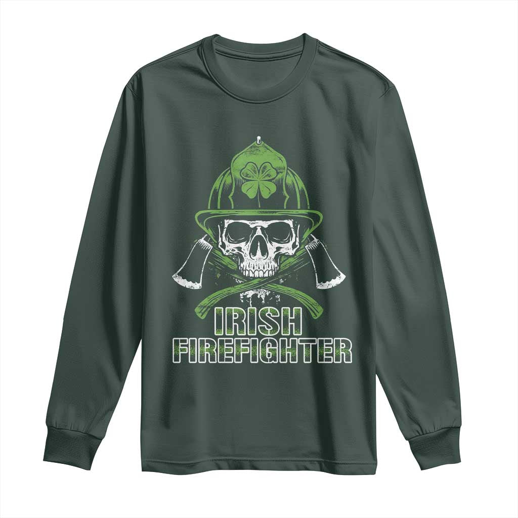 Irish Firefighter Long Sleeve Shirt Shamrock Skull Man Of Fire TS09 Dark Forest Green Print Your Wear