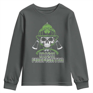 Irish Firefighter Youth Sweatshirt Shamrock Skull Man Of Fire TS09 Dark Heather Print Your Wear