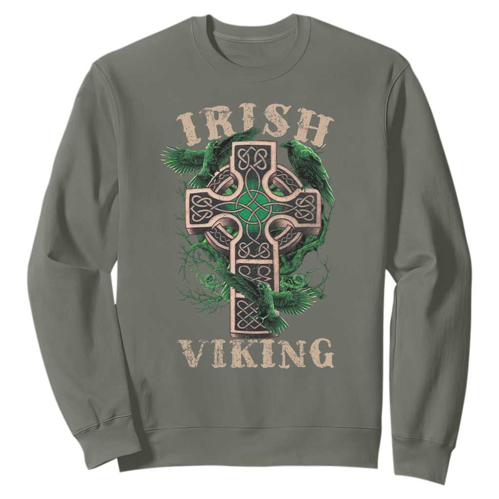 Irish Viking Sweatshirt Celtic Cross Odin's Raven TS09 Military Green Print Your Wear