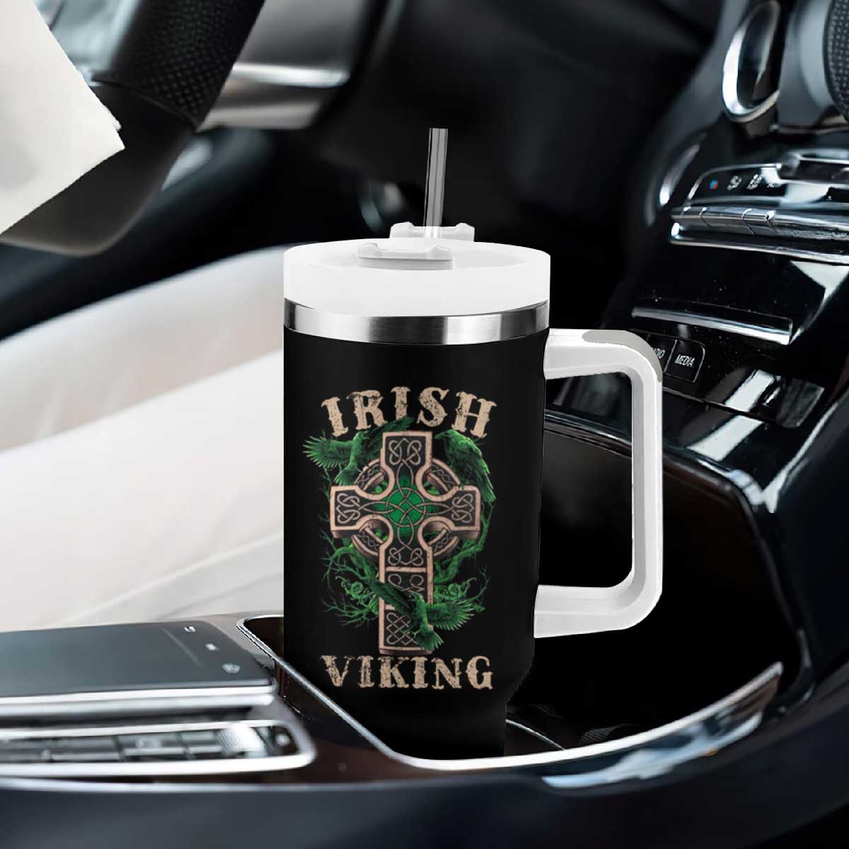 Irish Viking Tumbler With Handle Celtic Cross Odin's Raven TS09 Print Your Wear