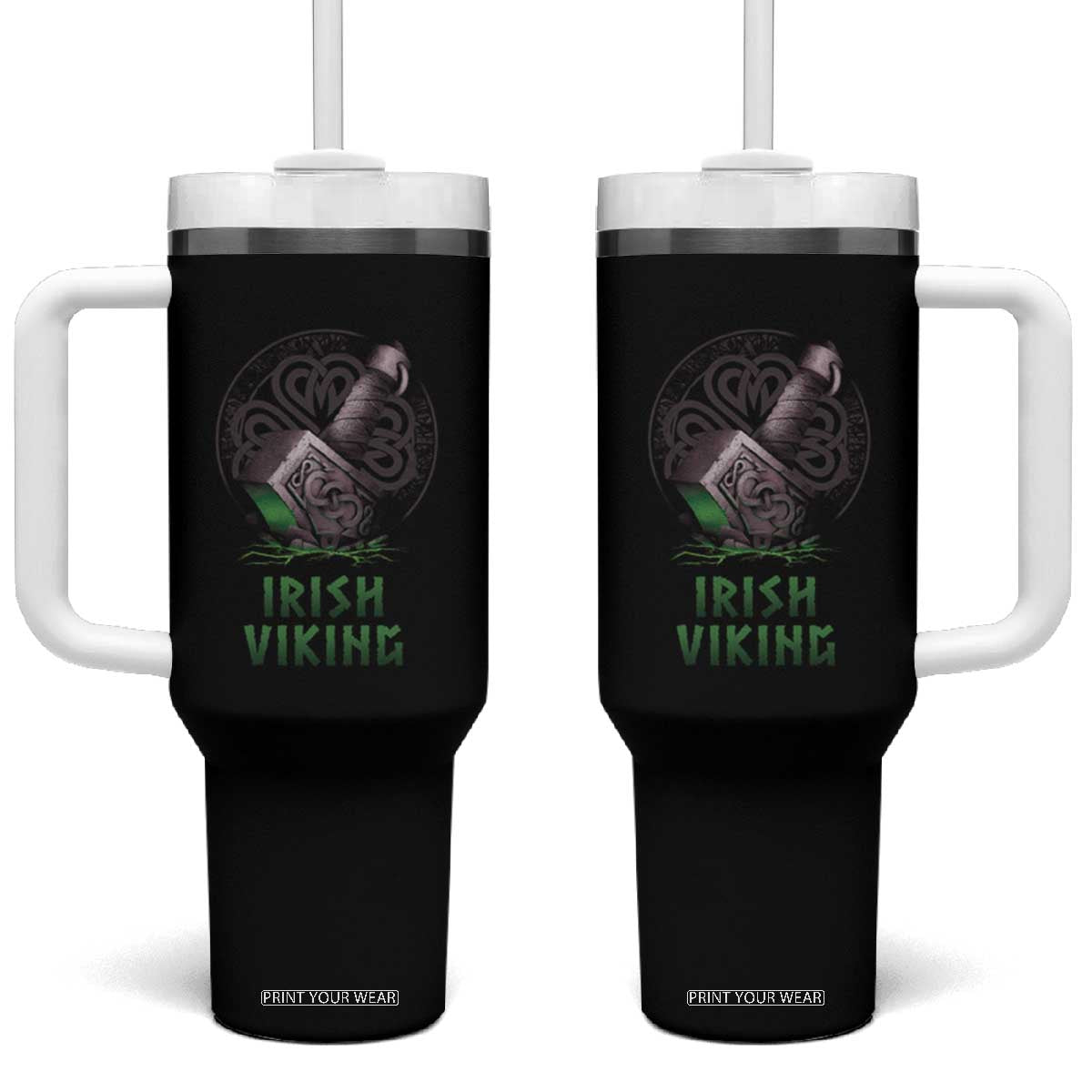 Irish Viking Tumbler With Handle Celtic Thor Mjolnir TS09 One Size: 40 oz Black Print Your Wear
