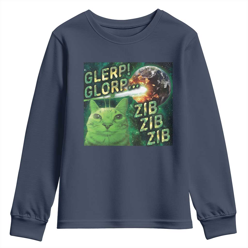 Funny Alien Cat Meme Youth Sweatshirt Glerp Glorp Zib Zib TS09 Navy Print Your Wear
