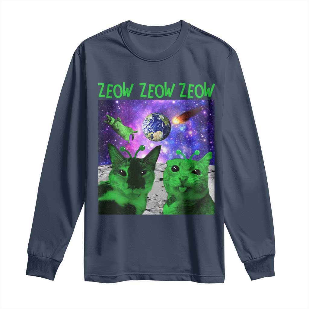 Funny Alien Cat Meme Long Sleeve Shirt Green Cats ZEOW ZEOW TS09 Navy Print Your Wear