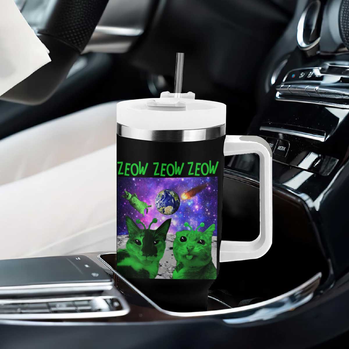 Funny Alien Cat Meme Tumbler With Handle Green Cats ZEOW ZEOW TS09 Print Your Wear