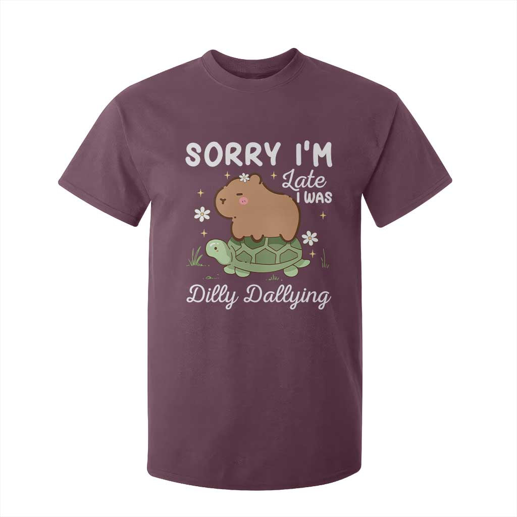 Funny Sorry I'm Late I Was Dilly Dallying T Shirt For Kid Cute Capybara and Turtle TS09 Maroon Print Your Wear