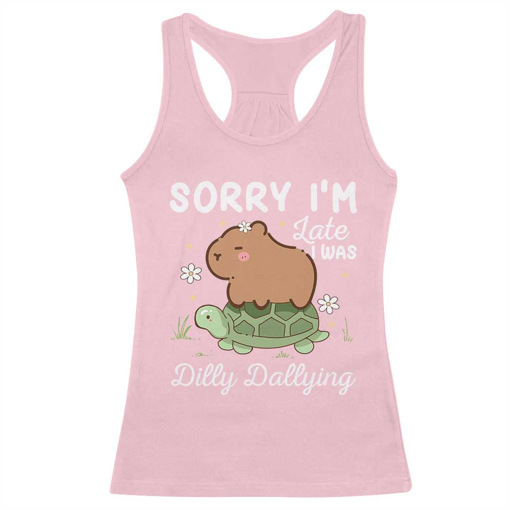 Funny Sorry I'm Late I Was Dilly Dallying Racerback Tank Top Cute Capybara and Turtle TS09 Light Pink Print Your Wear