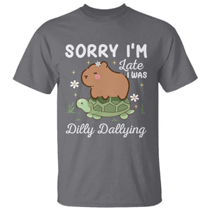 Funny Sorry I'm Late I Was Dilly Dallying T Shirt Cute Capybara and Turtle TS09 Charcoal Print Your Wear