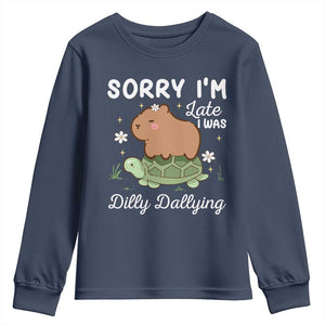 Funny Sorry I'm Late I Was Dilly Dallying Youth Sweatshirt Cute Capybara and Turtle TS09 Navy Print Your Wear