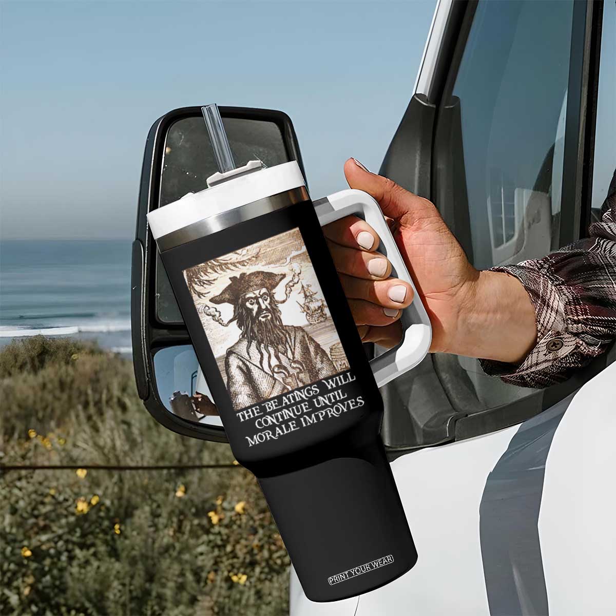 Funny Blackbeard Sarcastic Joke Tumbler With Handle The Beatings Will Continue until Morale Improves TS09 Print Your Wear