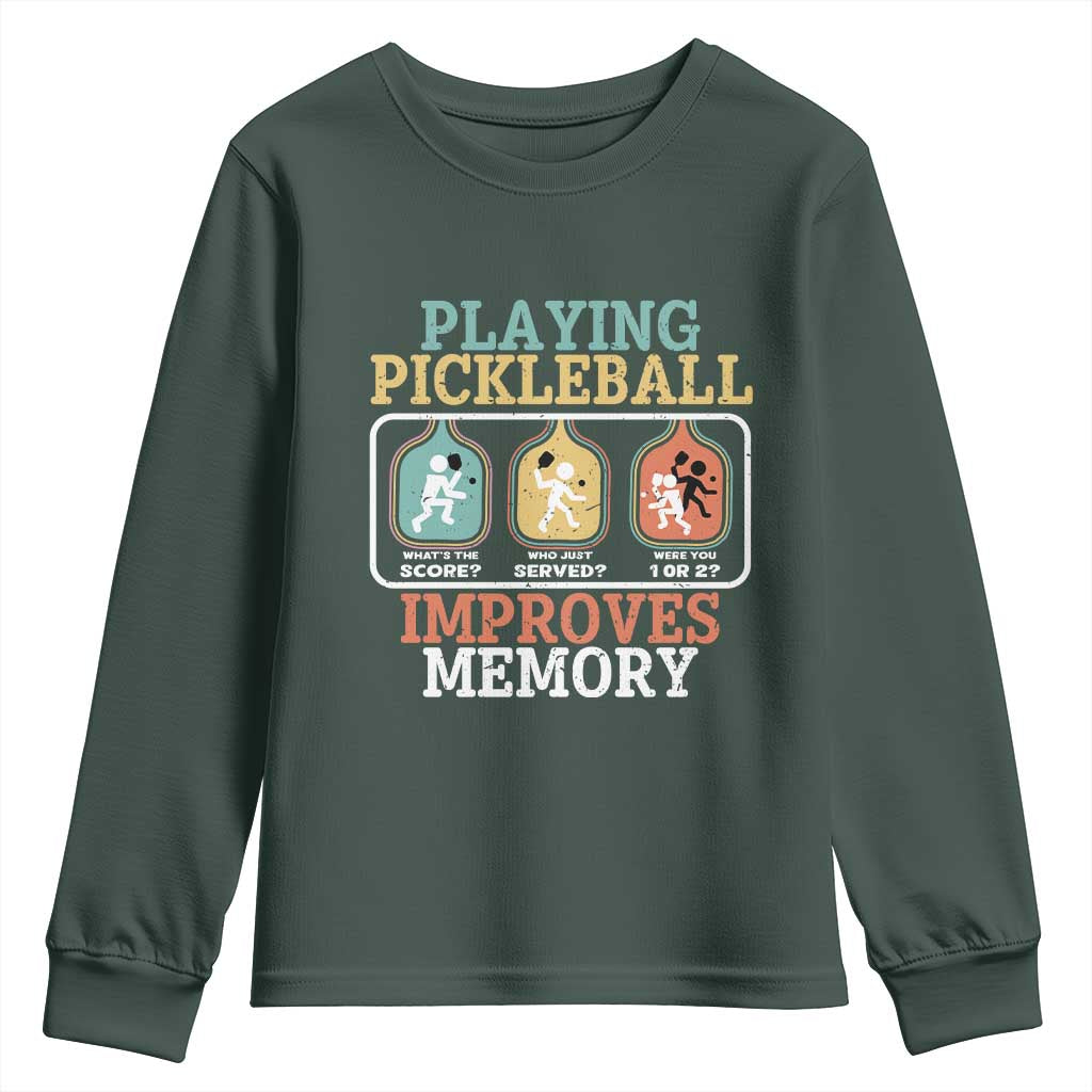 Funny Playing Pickleball Improves Memory Retro Youth Sweatshirt TS09 Dark Forest Green Print Your Wear