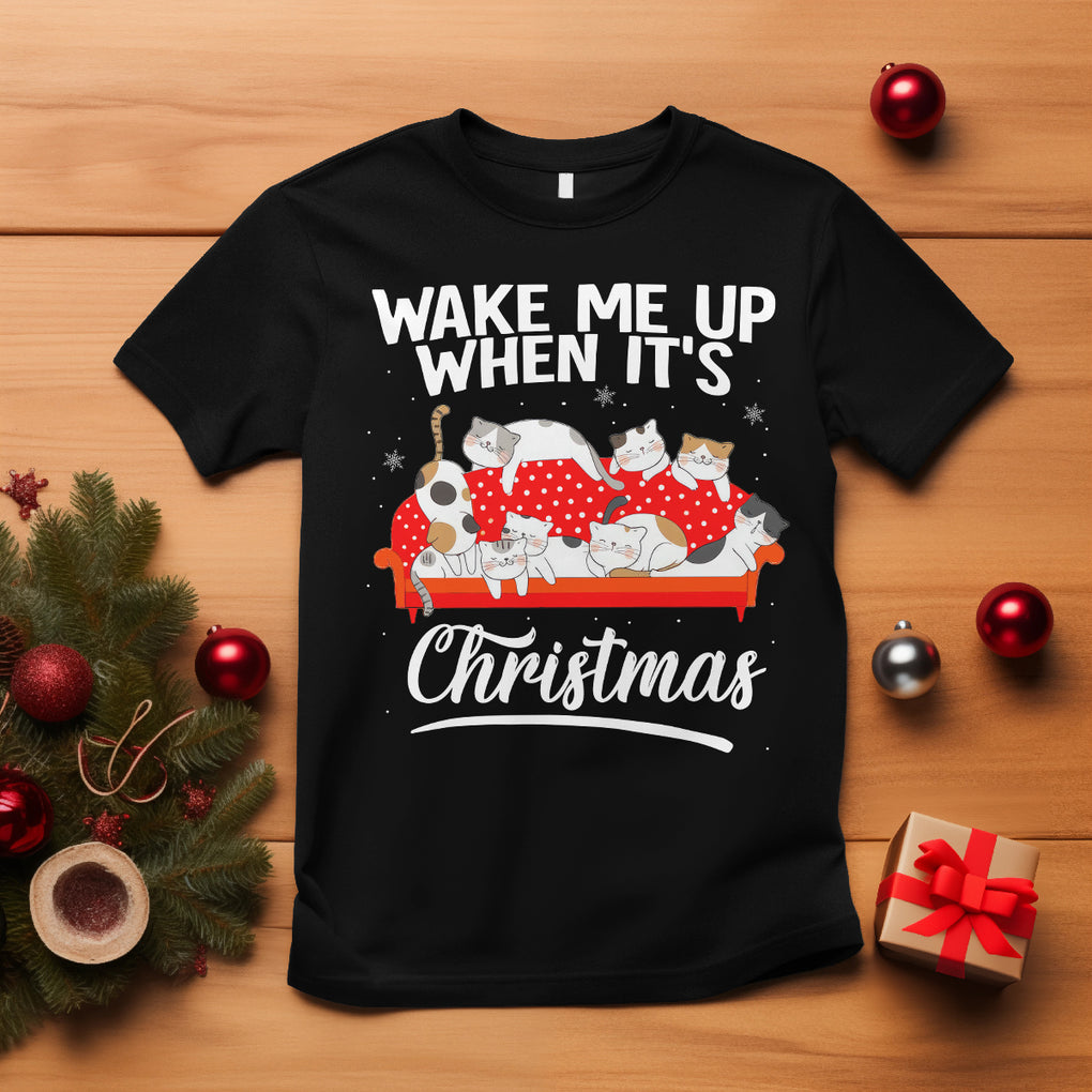 Cute Cat Wake Me Up When It's Christmas Chillin' T Shirt TS09 Black Printyourwear