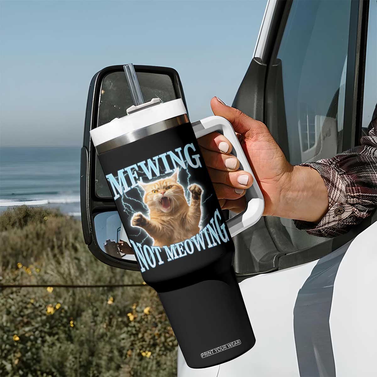 Funny Meme Cat Mewing Not Meowing Tumbler With Handle TS09 Print Your Wear