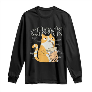 Funny Fat Cat Long Sleeve Shirt Chonk Drinking Bubble Tea TS09 Black Print Your Wear