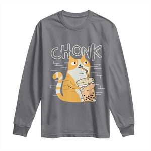 Funny Fat Cat Long Sleeve Shirt Chonk Drinking Bubble Tea TS09 Charcoal Print Your Wear