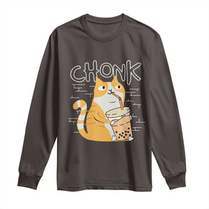 Funny Fat Cat Long Sleeve Shirt Chonk Drinking Bubble Tea TS09 Dark Chocolate Print Your Wear