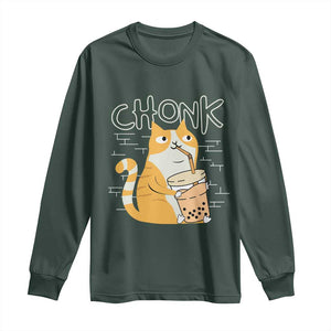 Funny Fat Cat Long Sleeve Shirt Chonk Drinking Bubble Tea TS09 Dark Forest Green Print Your Wear