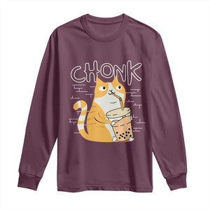 Funny Fat Cat Long Sleeve Shirt Chonk Drinking Bubble Tea TS09 Maroon Print Your Wear