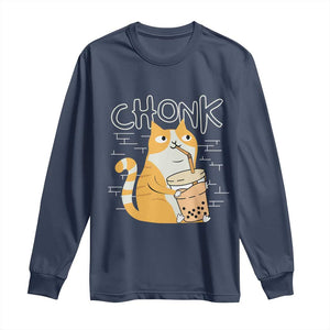 Funny Fat Cat Long Sleeve Shirt Chonk Drinking Bubble Tea TS09 Navy Print Your Wear