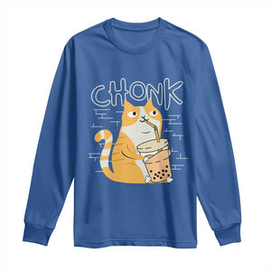 Funny Fat Cat Long Sleeve Shirt Chonk Drinking Bubble Tea TS09 Royal Blue Print Your Wear