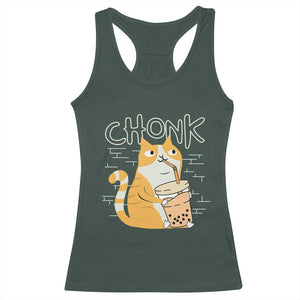 Funny Fat Cat Racerback Tank Top Chonk Drinking Bubble Tea TS09 Dark Forest Green Print Your Wear