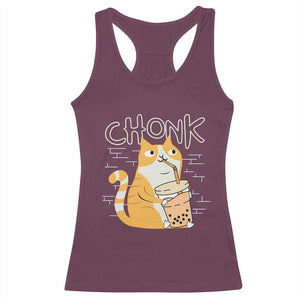 Funny Fat Cat Racerback Tank Top Chonk Drinking Bubble Tea TS09 Maroon Print Your Wear