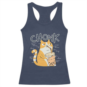 Funny Fat Cat Racerback Tank Top Chonk Drinking Bubble Tea TS09 Navy Print Your Wear