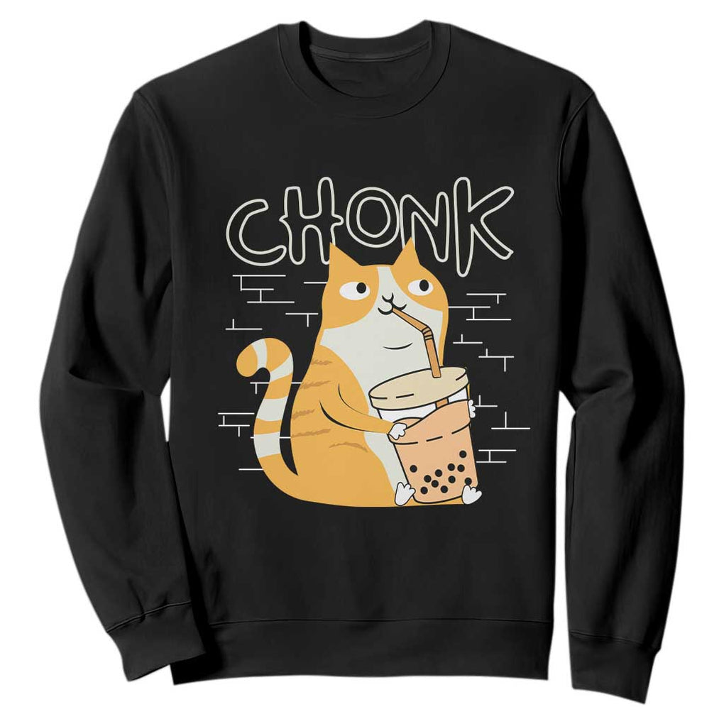 Funny Fat Cat Sweatshirt Chonk Drinking Bubble Tea TS09 Black Print Your Wear