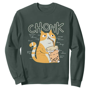 Funny Fat Cat Sweatshirt Chonk Drinking Bubble Tea TS09 Dark Forest Green Print Your Wear