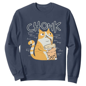 Funny Fat Cat Sweatshirt Chonk Drinking Bubble Tea TS09 Navy Print Your Wear