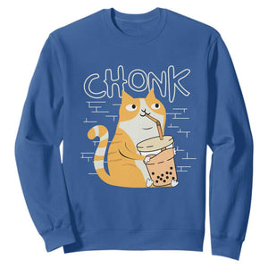 Funny Fat Cat Sweatshirt Chonk Drinking Bubble Tea TS09 Royal Blue Print Your Wear