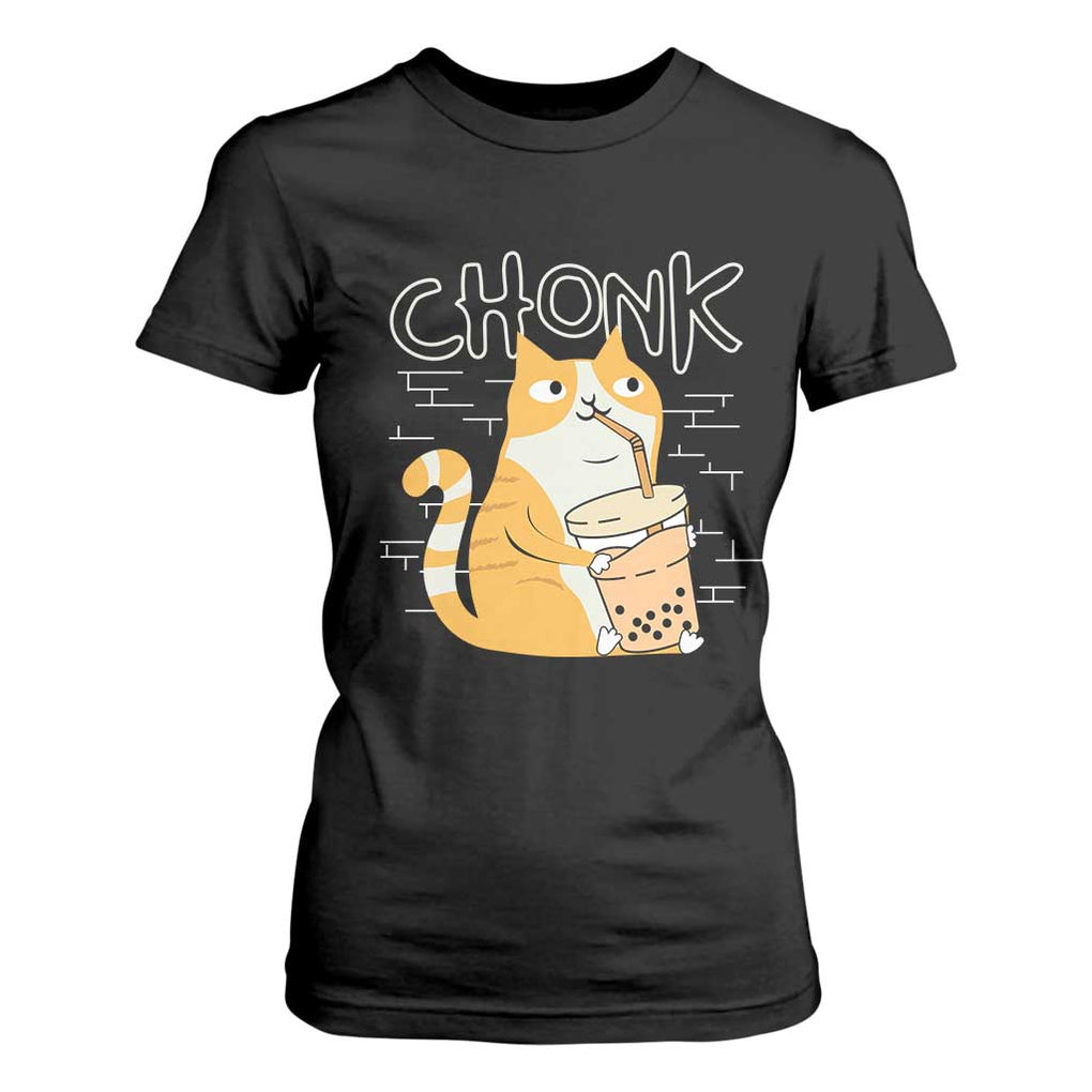 Funny Fat Cat T Shirt For Women Chonk Drinking Bubble Tea TS09 Black Print Your Wear