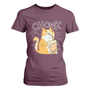 Funny Fat Cat T Shirt For Women Chonk Drinking Bubble Tea TS09 Maroon Print Your Wear