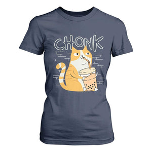 Funny Fat Cat T Shirt For Women Chonk Drinking Bubble Tea TS09 Navy Print Your Wear