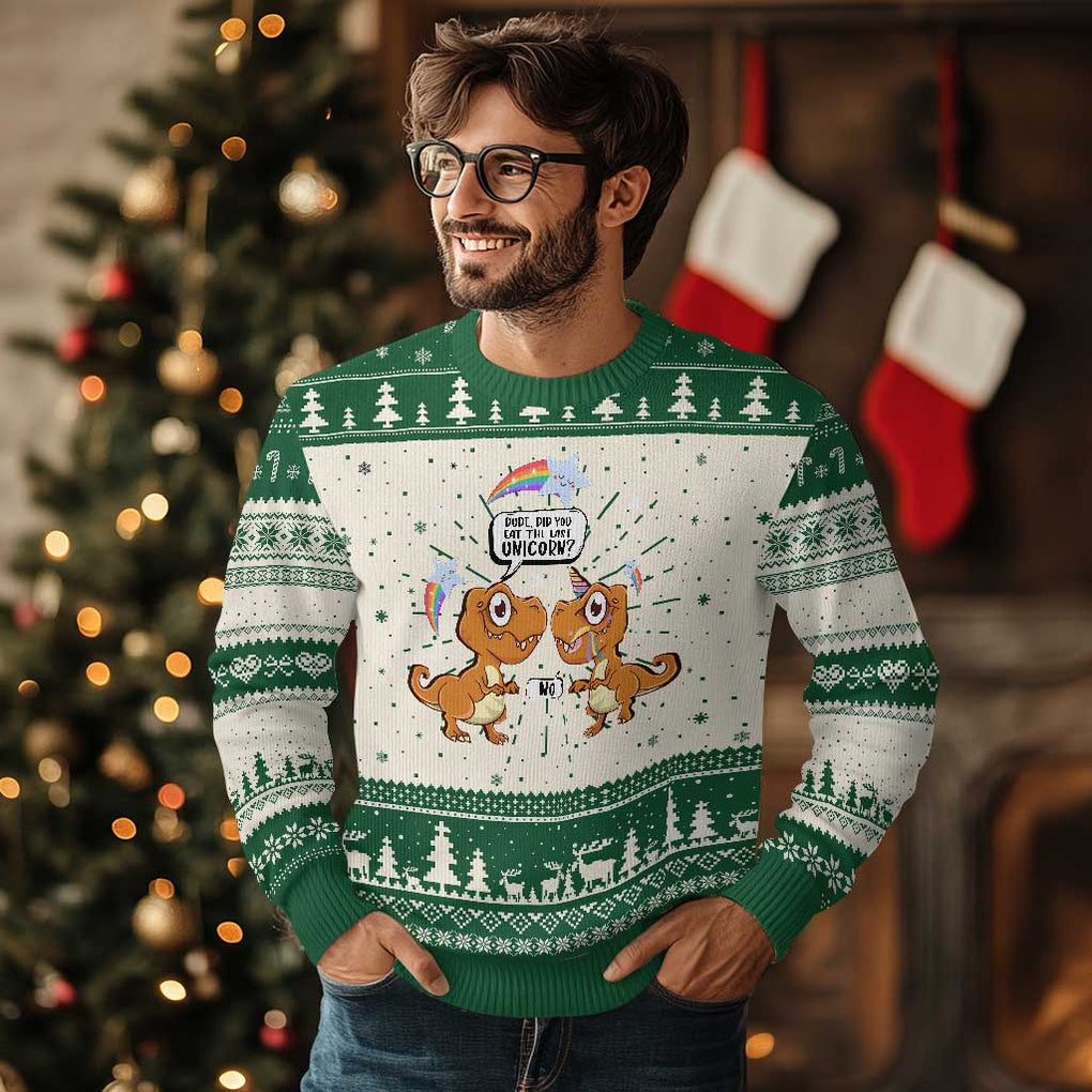 Funny Dinosaur Eat The Last Unicorn Ugly Christmas Sweater TS09 Green Print Your Wear