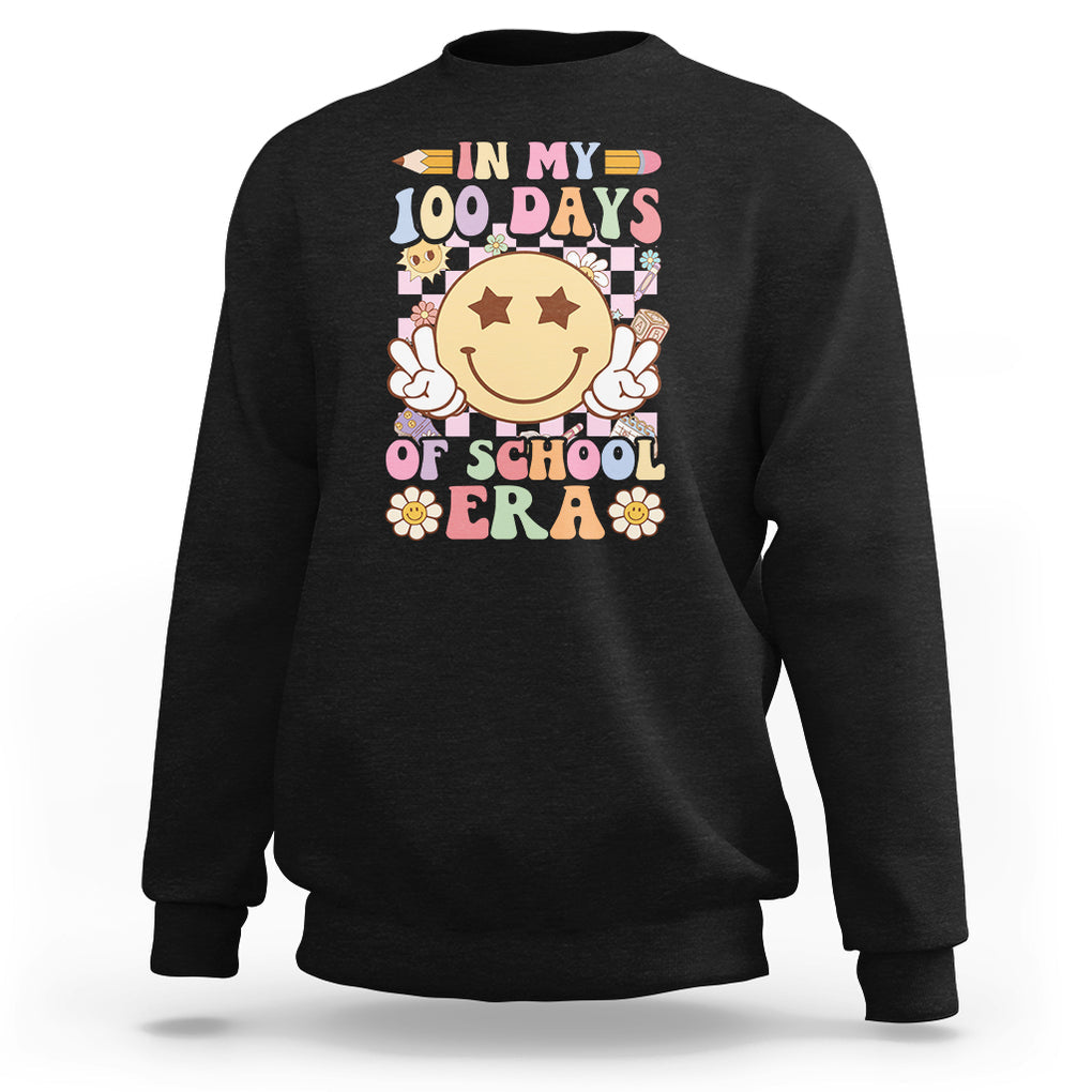 In My 100 Days Of School Era Retro Groovy Sweatshirt TS09 Black Printyourwear