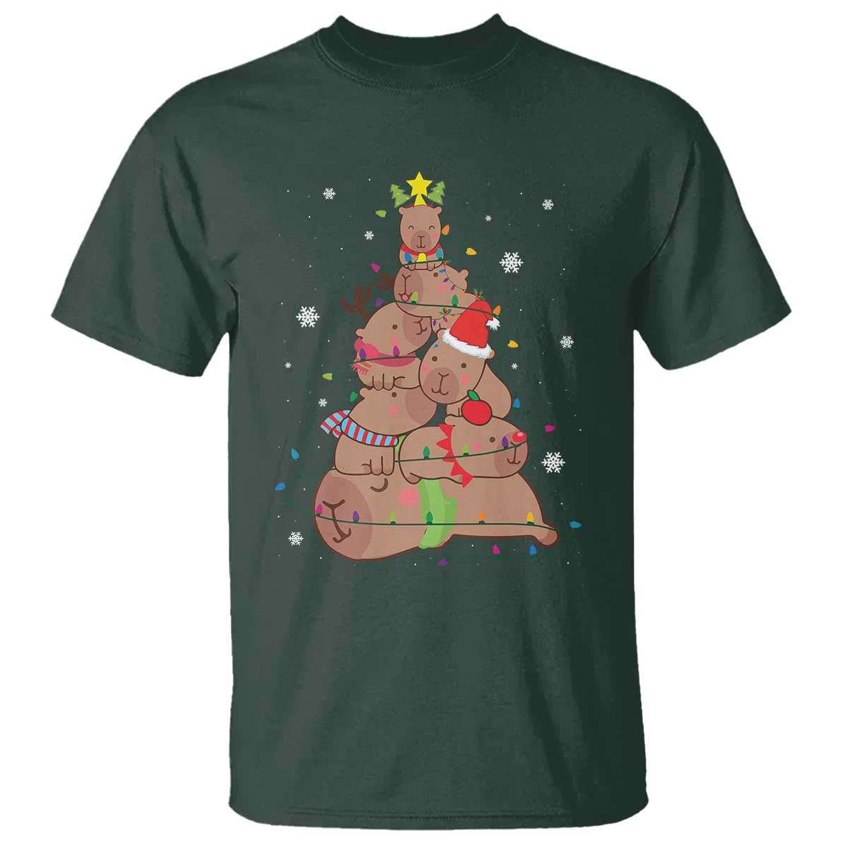 Funny Capybara Christmas Tree T Shirt TS09 Dark Forest Green Print Your Wear