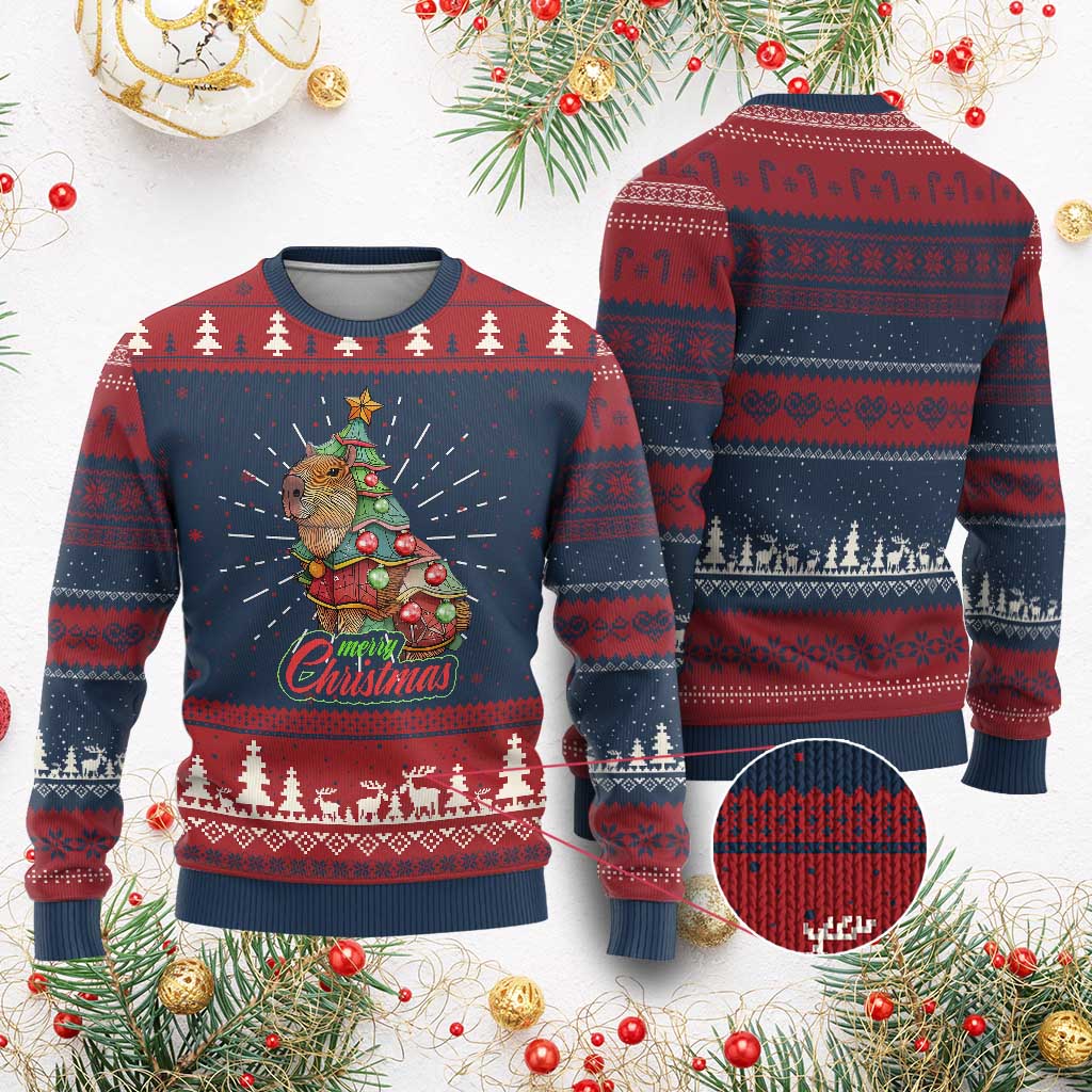 Cute Capybara Christmas Tree Ugly Christmas Sweater TS09 Burgundy Print Your Wear