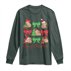 Funny Capybara Christmas Long Sleeve Shirt Cute Capy Coquette Bow TS09 Dark Forest Green Print Your Wear