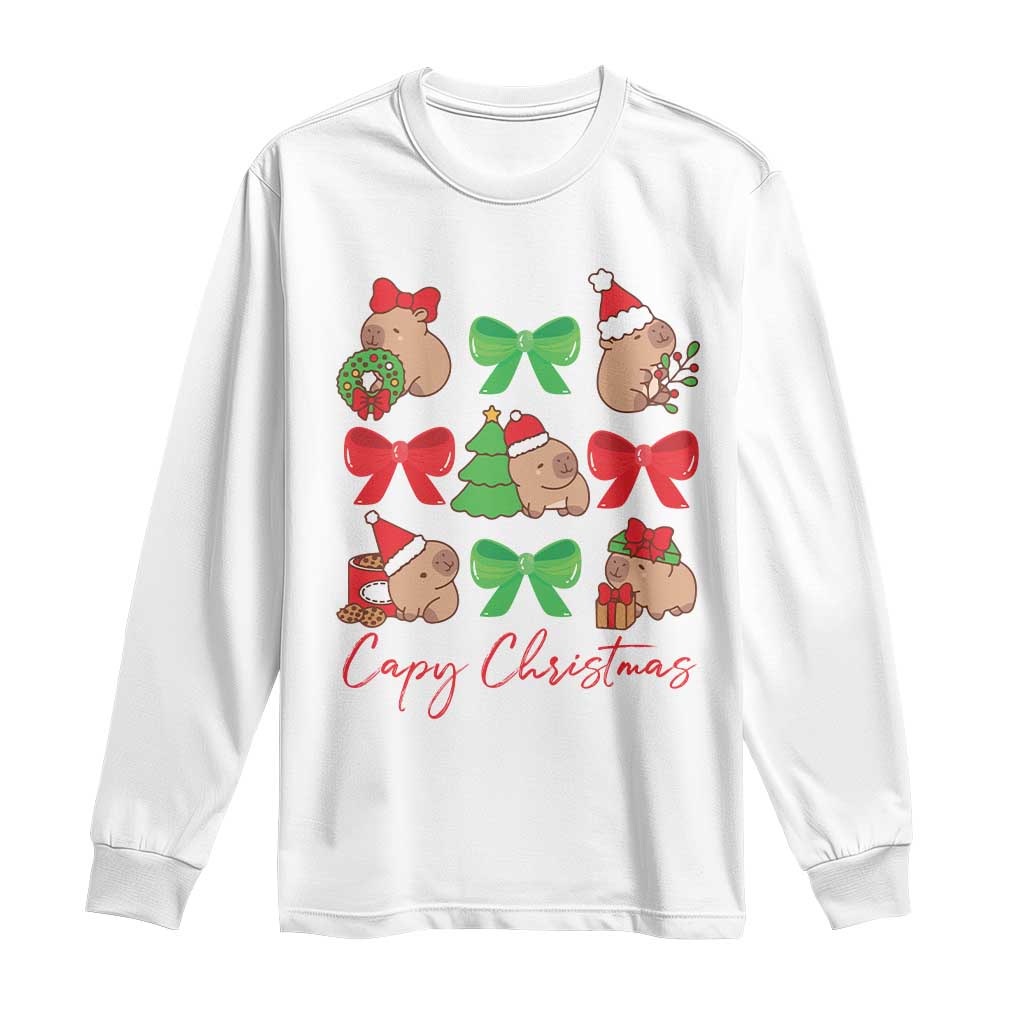 Funny Capybara Christmas Long Sleeve Shirt Cute Capy Coquette Bow TS09 White Print Your Wear