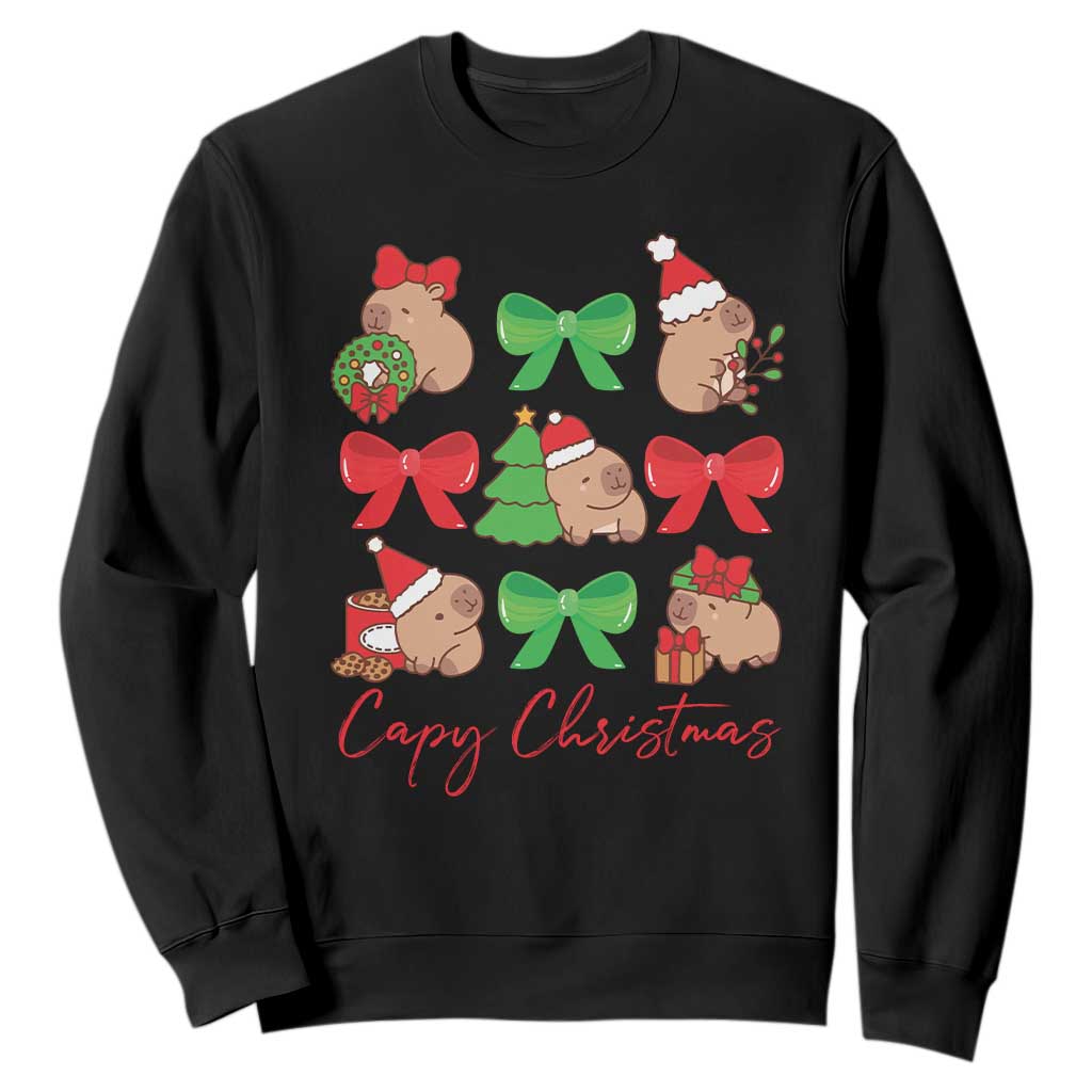 Funny Capybara Christmas Sweatshirt Cute Capy Coquette Bow TS09 Black Print Your Wear