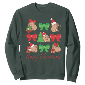 Funny Capybara Christmas Sweatshirt Cute Capy Coquette Bow TS09 Dark Forest Green Print Your Wear