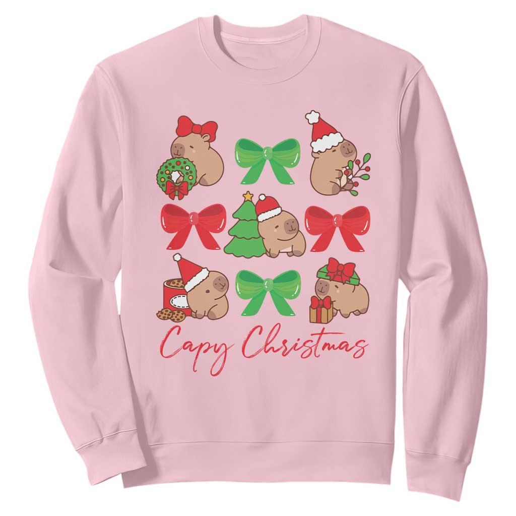 Funny Capybara Christmas Sweatshirt Cute Capy Coquette Bow TS09 Light Pink Print Your Wear