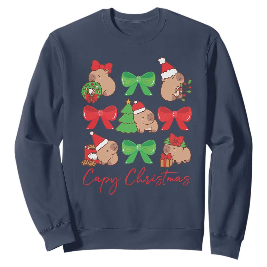 Funny Capybara Christmas Sweatshirt Cute Capy Coquette Bow TS09 Navy Print Your Wear
